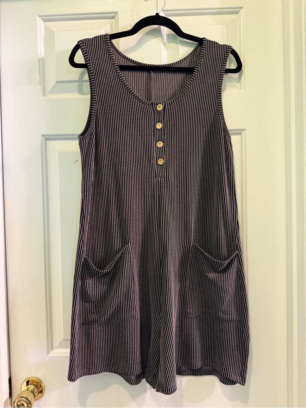 Sleeveless Ribbed Button-Front Romper in Charcoal Stripe